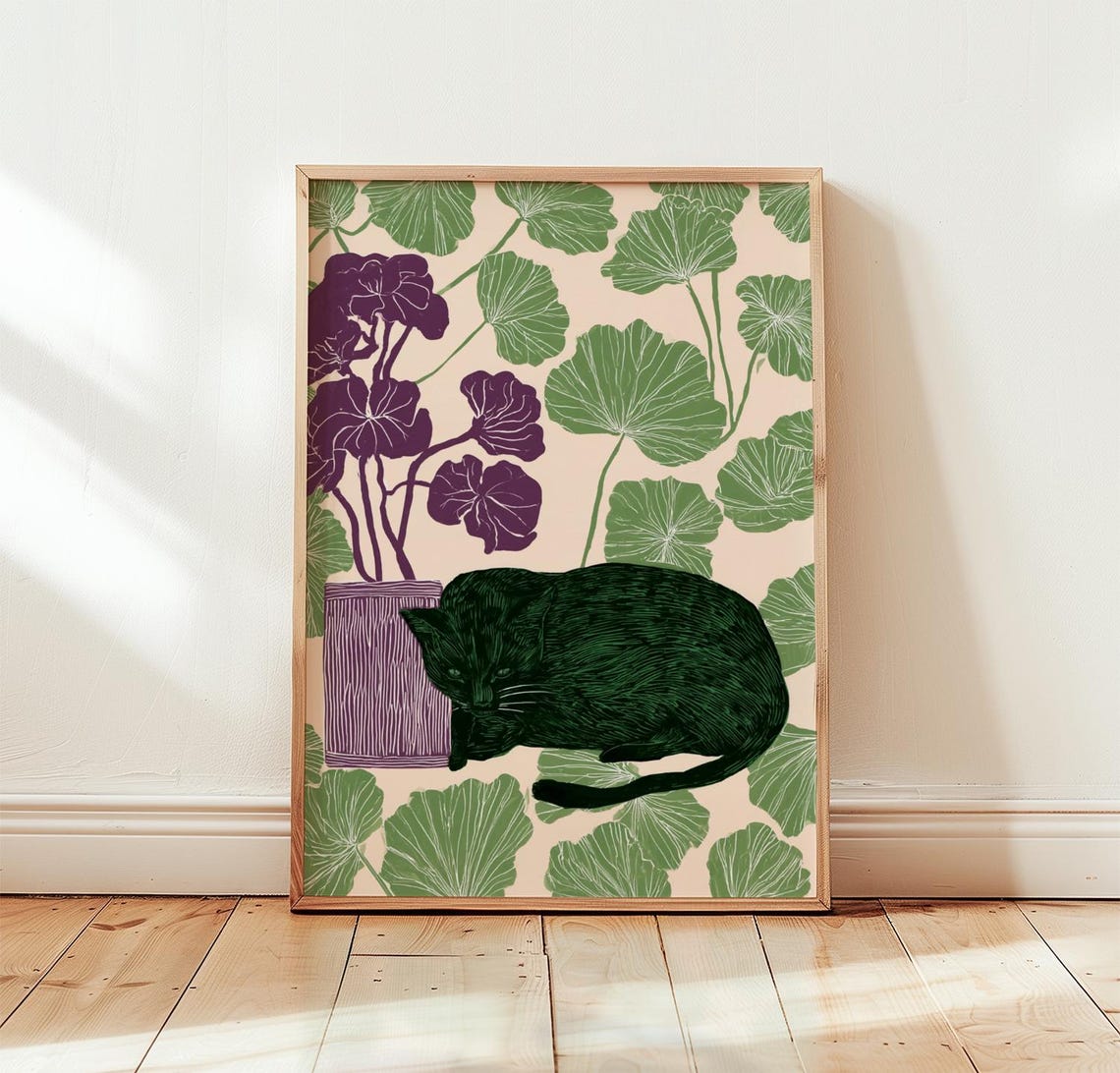 Black Cat Botanical Poster Vintage Floral Wall Art Cottagecore Print