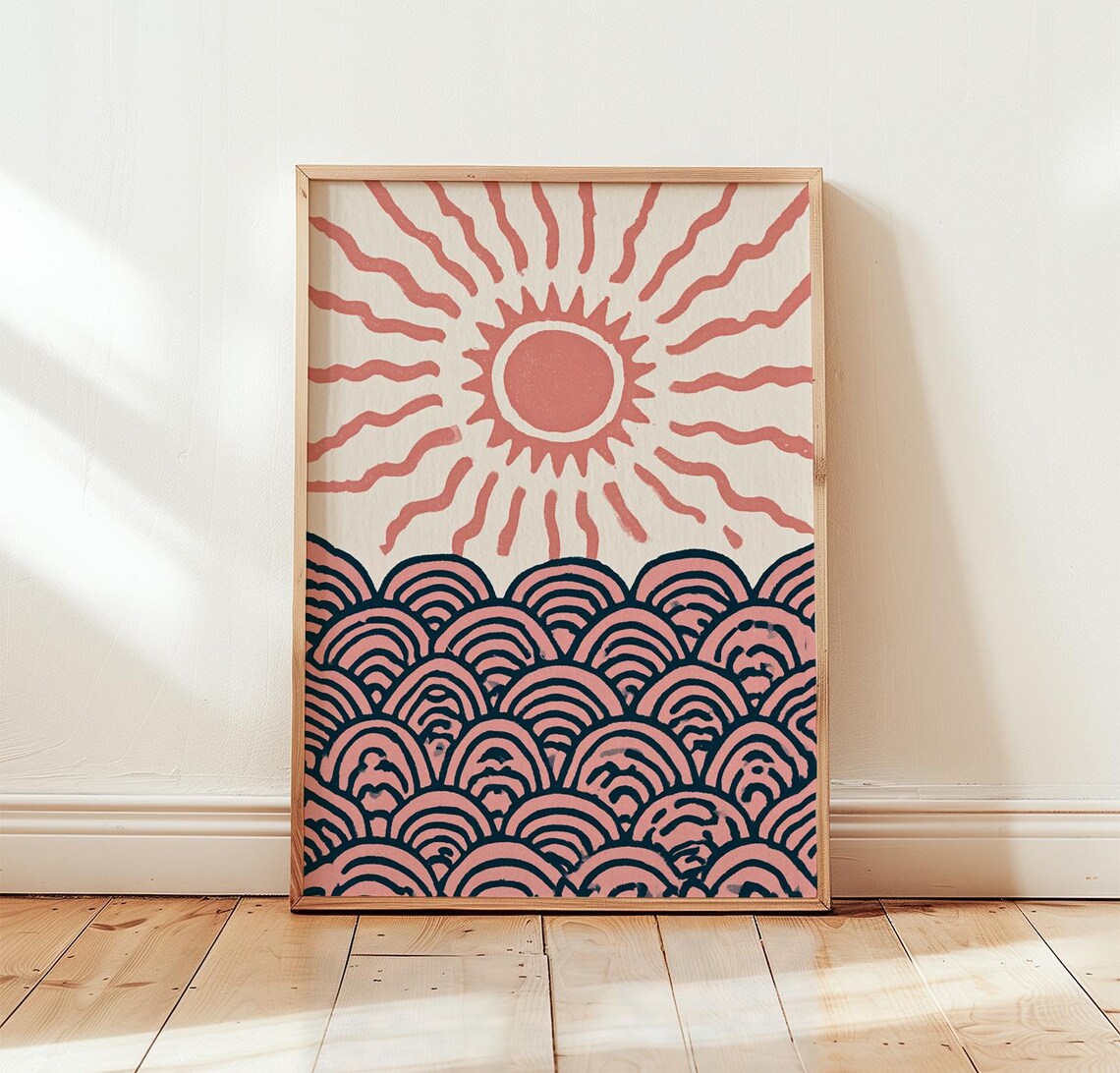 Pink Sun Print, Navy Ocean Poster