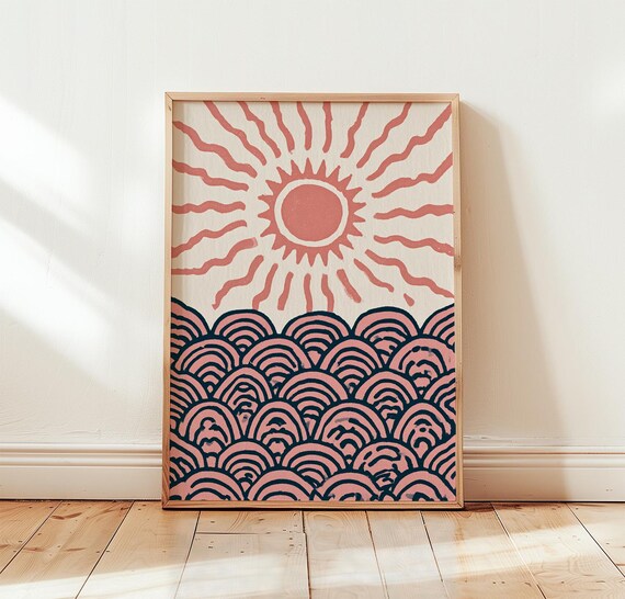 Pink Sun Print, Navy Ocean Poster