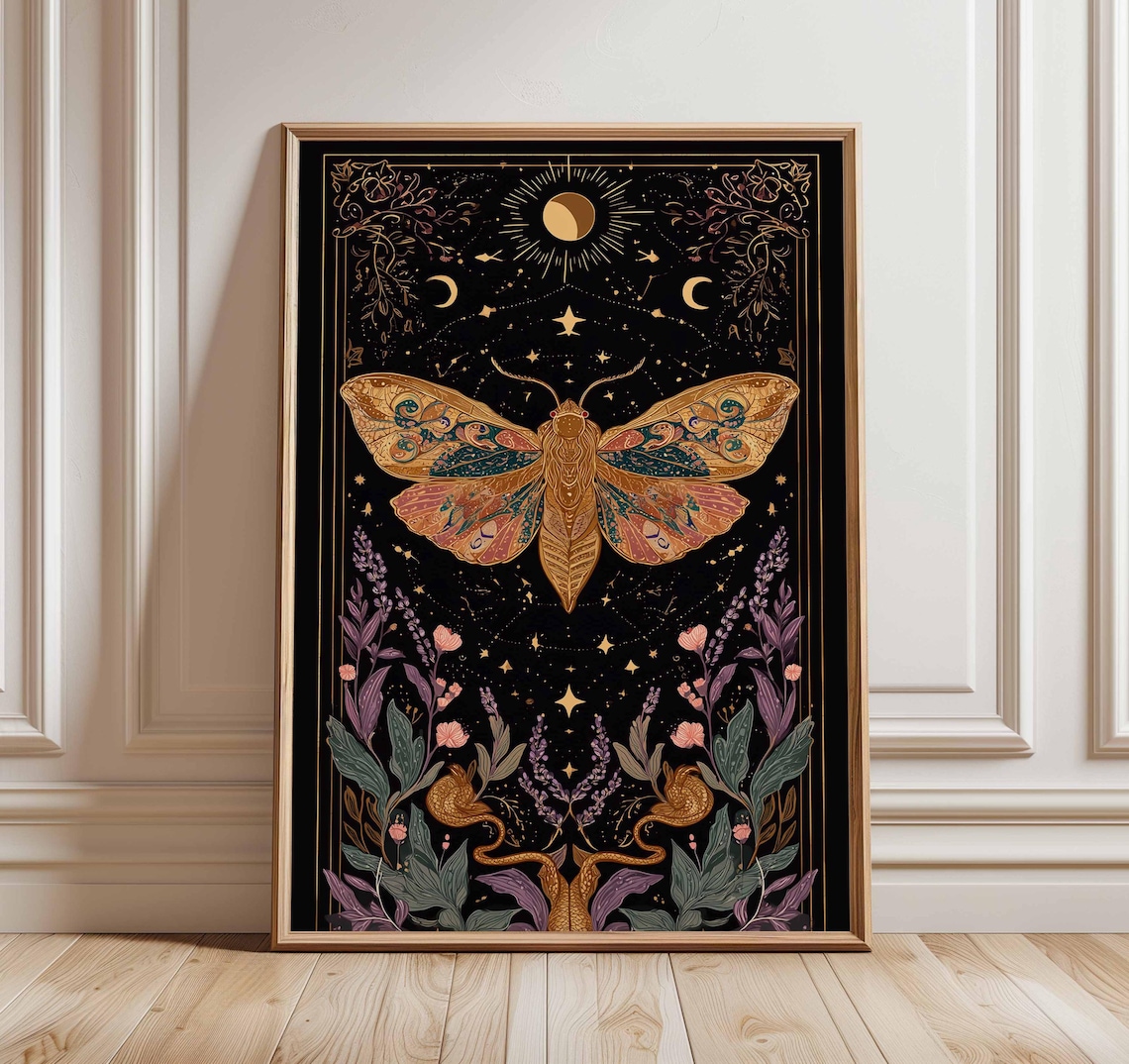 Mystical Moth Poster, Celestial Boho Witchy Decor