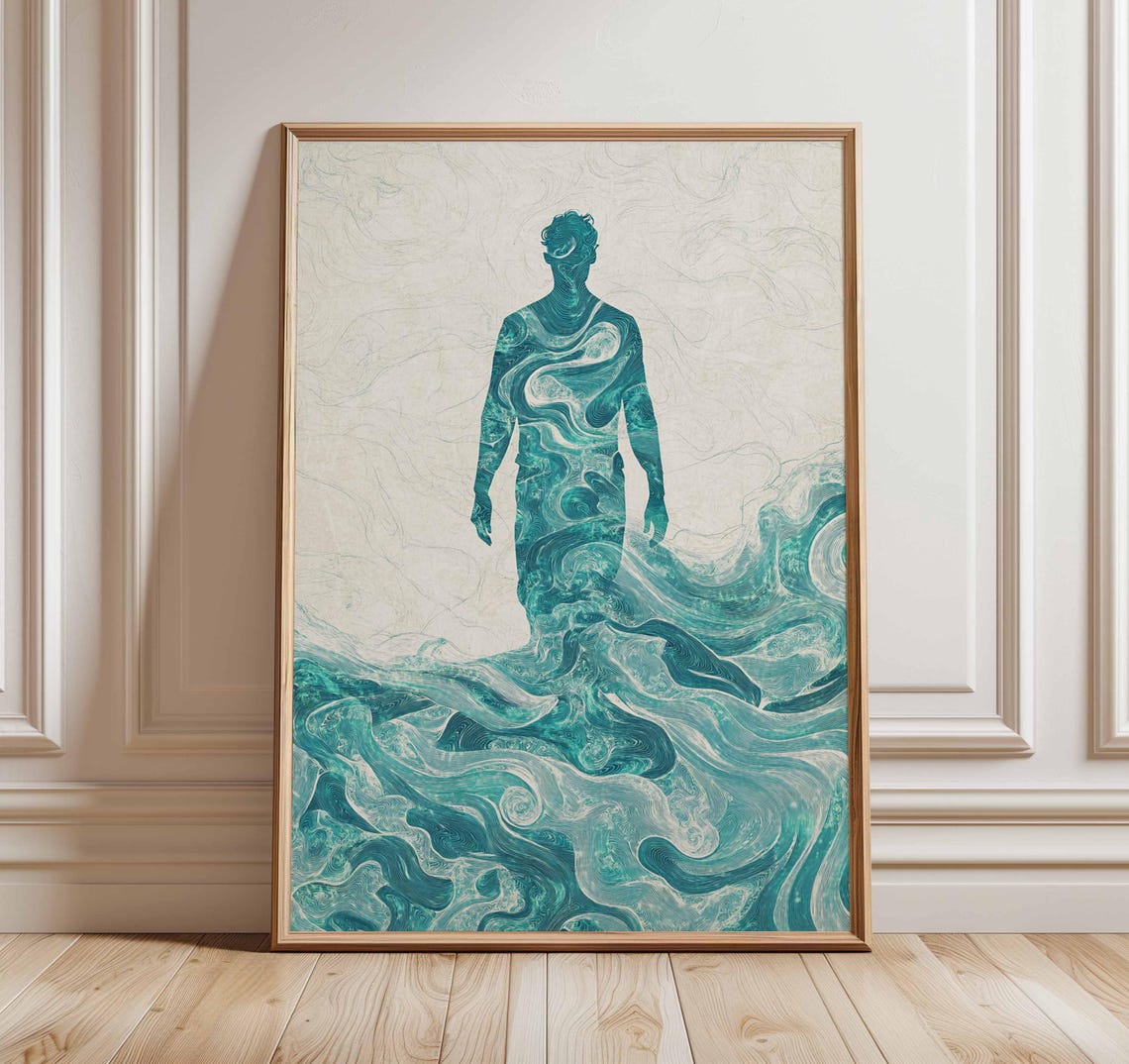 Ocean Silhouette Human Figure Blue Wave Abstract Art Wall Poster
