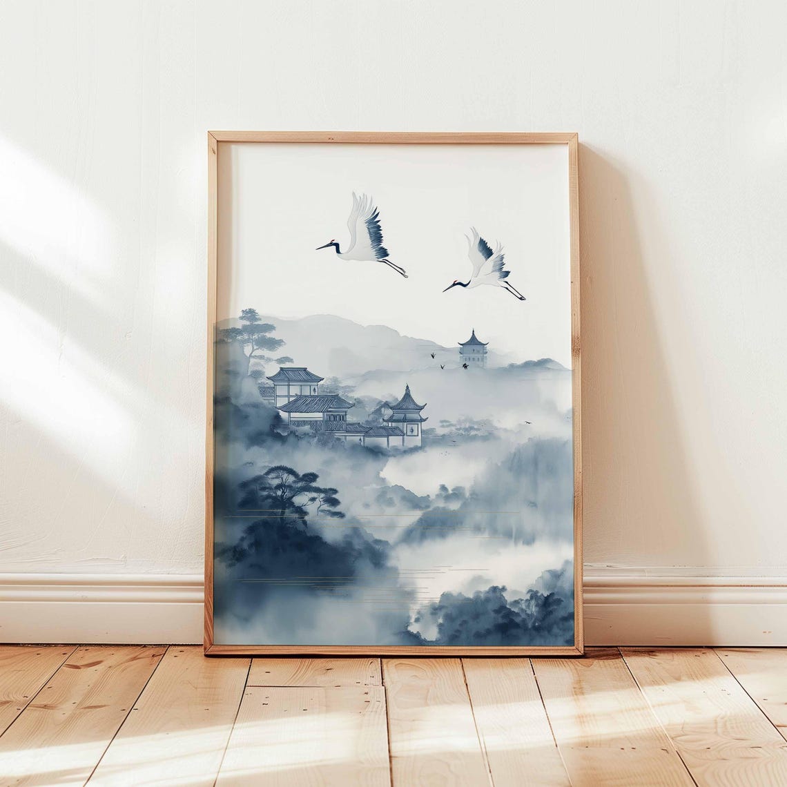 Chinese Ink Landscape Flying Cranes Misty Mountains Watercolor Poster