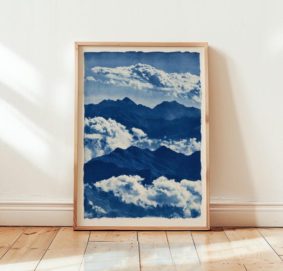 Cyanotype Mountain Print Blue Nature Wall Art Scenic Landscape Poster