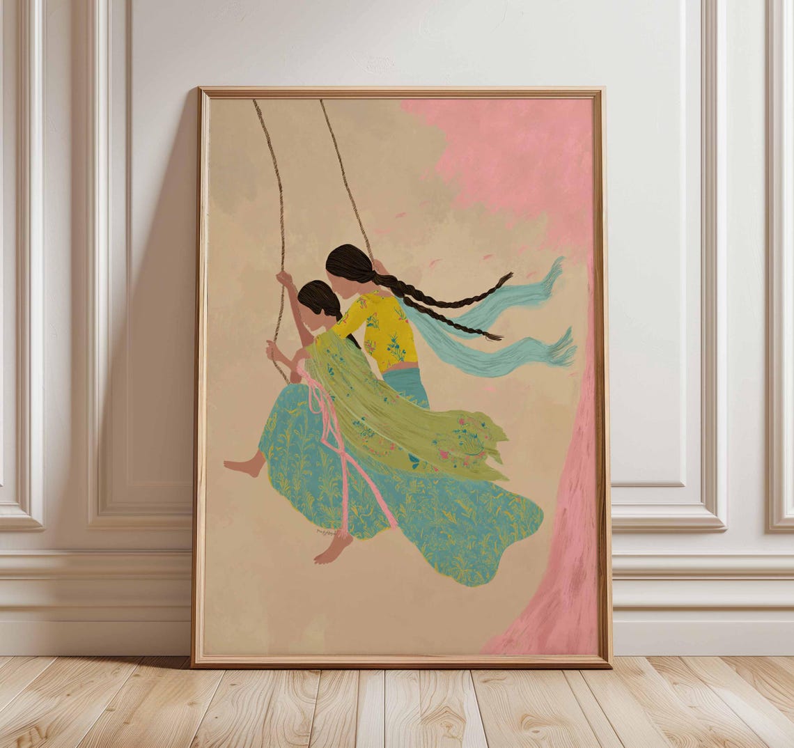 Two Girls On Swing Indian Cultural Pastel Whimsical Art Print