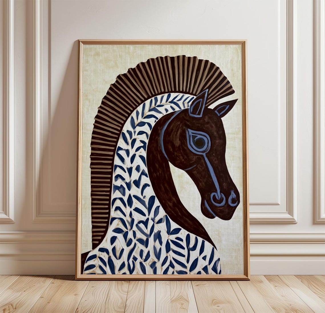 Folk Horse Head Linocut Navy Tribal Equestrian Style Wall Art