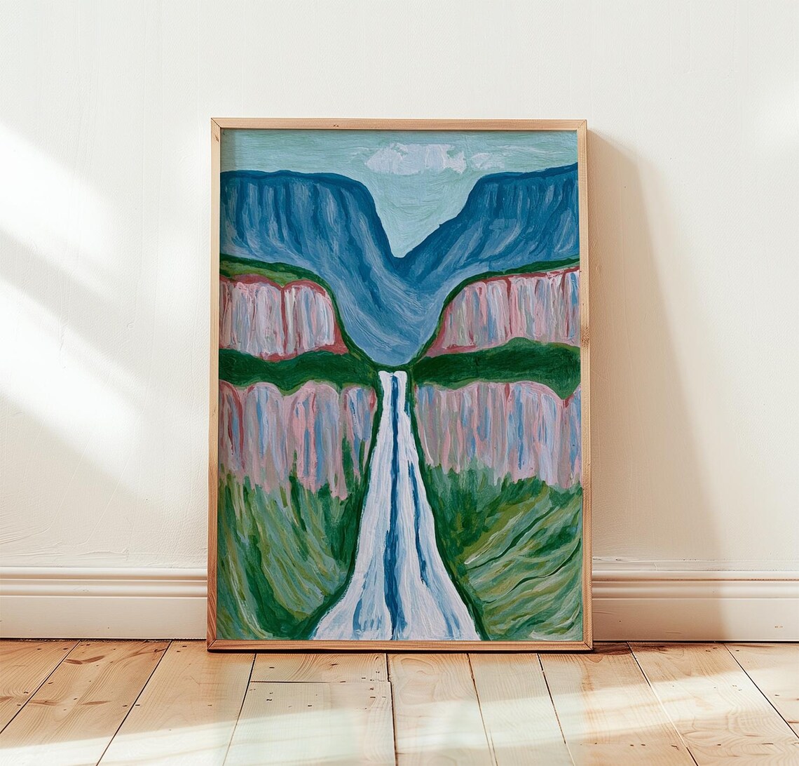 Pink Waterfall Green Mountain Art Print
