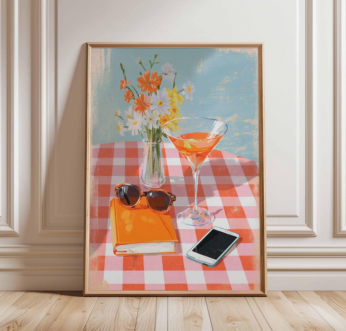 Retro Summer Picnic Orange Cocktail And Daisy Table Art Poster