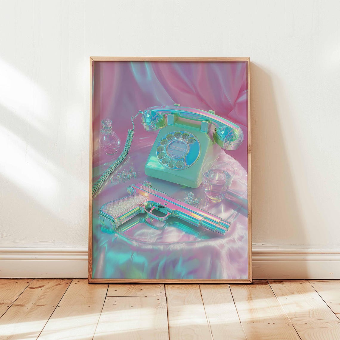 Holographic Retro Phone Pastel Vaporwave Surreal Pop Art Poster