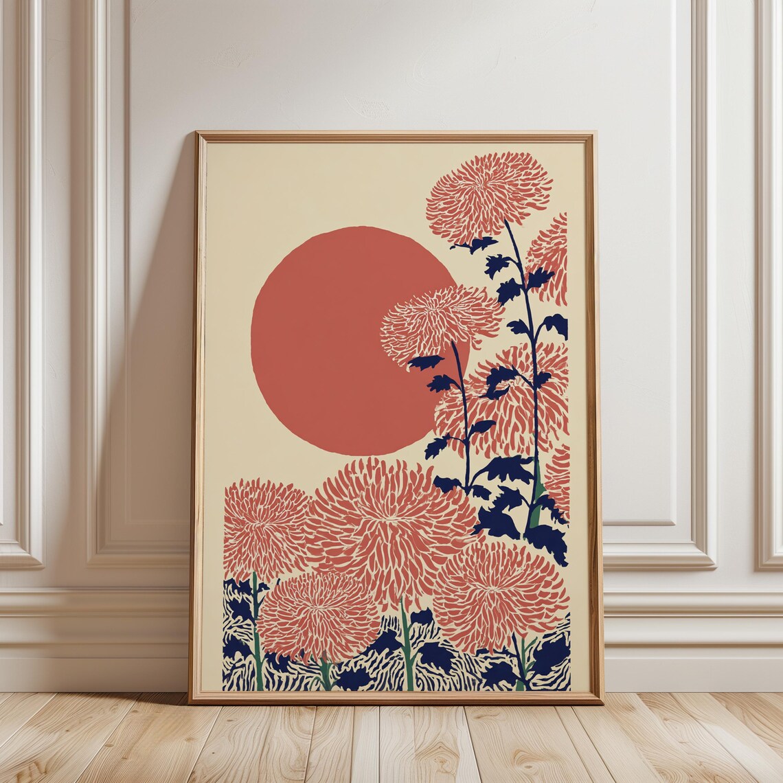 Pink Chrysanthemum Japanese Woodblock Red Sun Floral Decor Poster