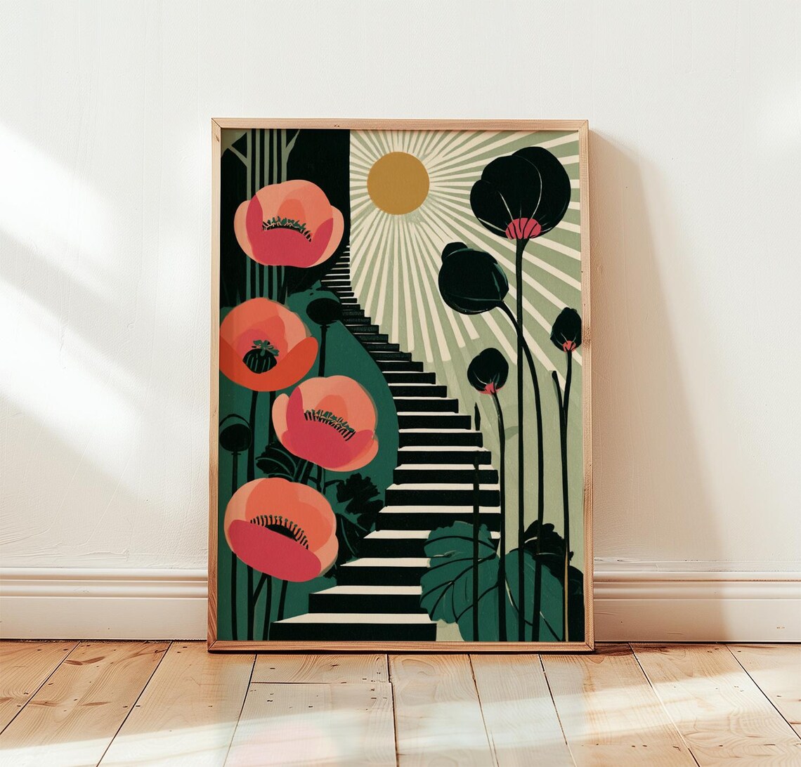 Art Deco Floral Poster, Coral Botanical