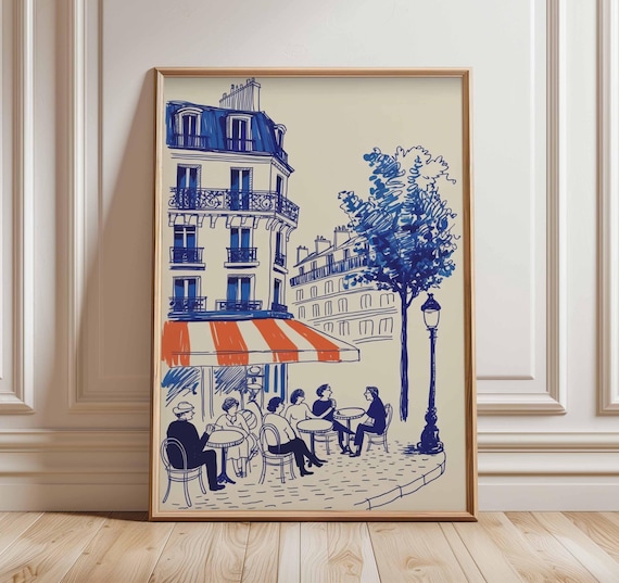 Paris Cafe Vintage Travel Poster, Street Scene