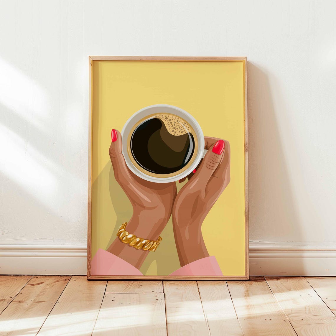 Woman Hands Red Nails Coffee Cup Yellow Modern Kitchen Wall Poster