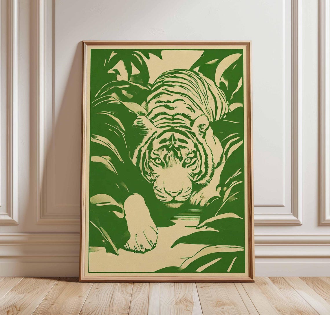 Crouching Green Tiger Jungle Graphic Bold Vintage Safari Poster
