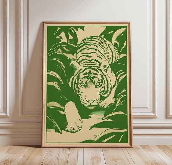 Stalking Tiger Jungle Print Green Wall Art Vintage Safari Poster Botanical Illustration Bold Animal Decor
