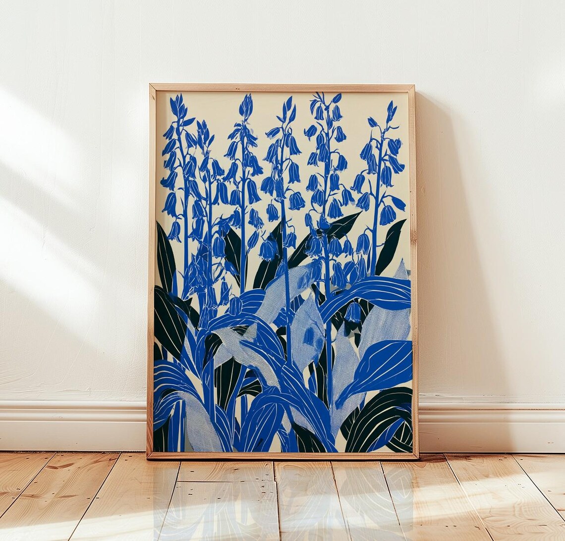Blue Floral Linocut Bellflower Poster Print