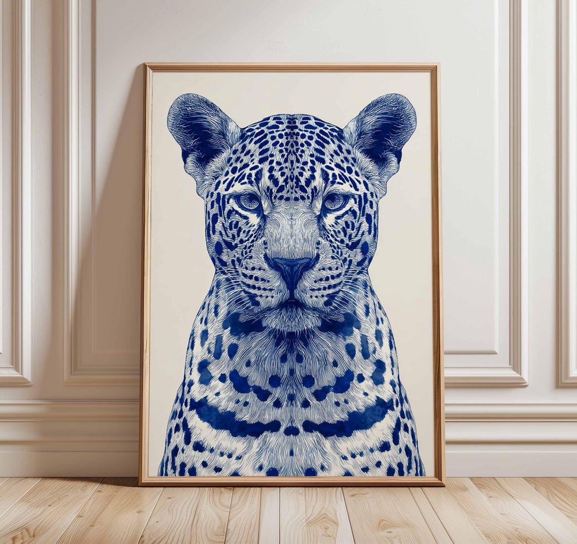 Blue Ink Leopard Portrait Cobalt Wildlife Illustration Art Poster