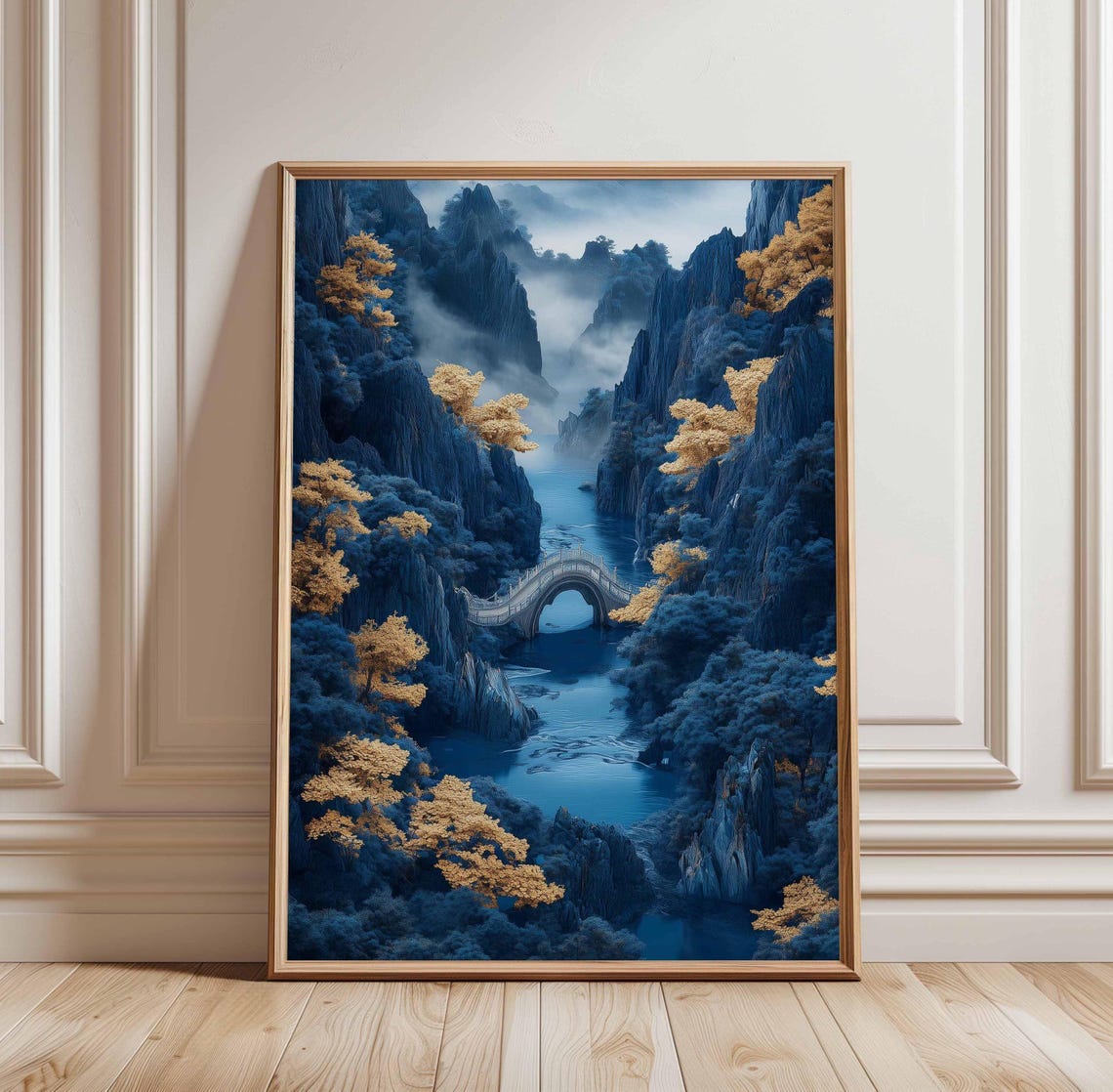 Blue Mountain River Stone Bridge Golden Trees Landscape Poster