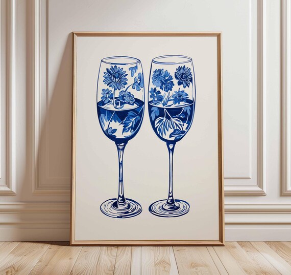 Blue Floral Wine Glasses Botanical Line Art Poster Modern Kitchen Decor