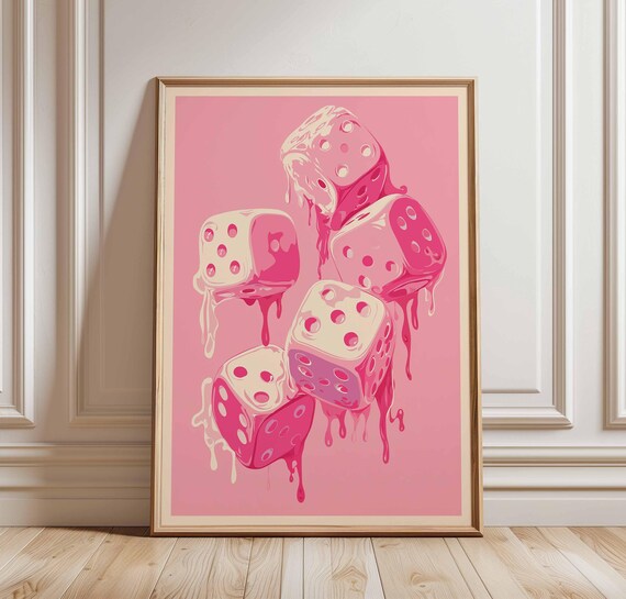 Melting Dice Poster Pink Pop Art Wall Decor Retro Drip Print Modern Funky Artwork Bold Playful Room Gaming Themed