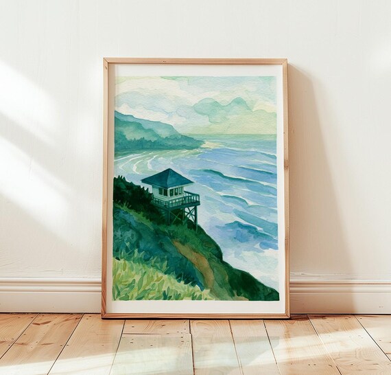 Coastal Cliff Gazebo Watercolor Poster Blue Ocean Waves Scenic Art