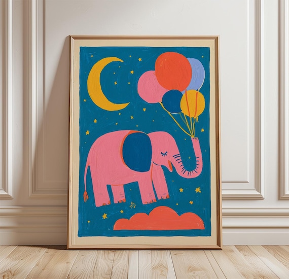 Elephant Balloon Poster, Nursery Animal Art Print