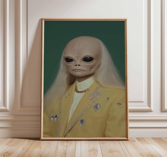 Surreal Alien Portrait Yellow Rhinestone Suit Funny Space Art Poster