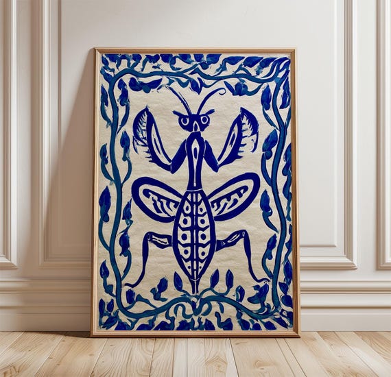 Blue Orchid Mantis Poster Folk Art Insect Wall Print