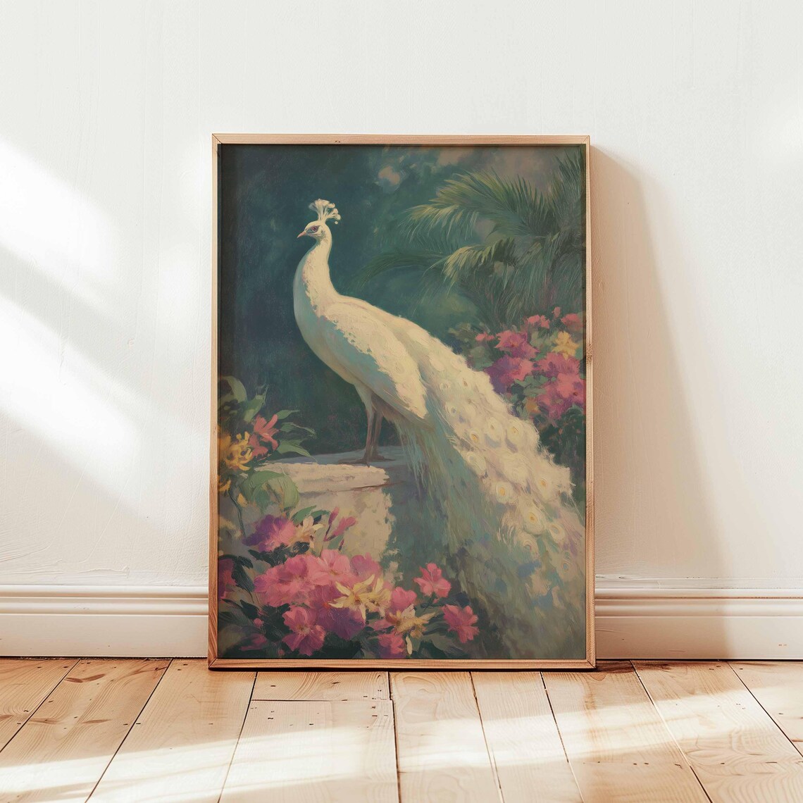 White Peacock In Blooming Garden Vintage Romantic Bird Art Poster