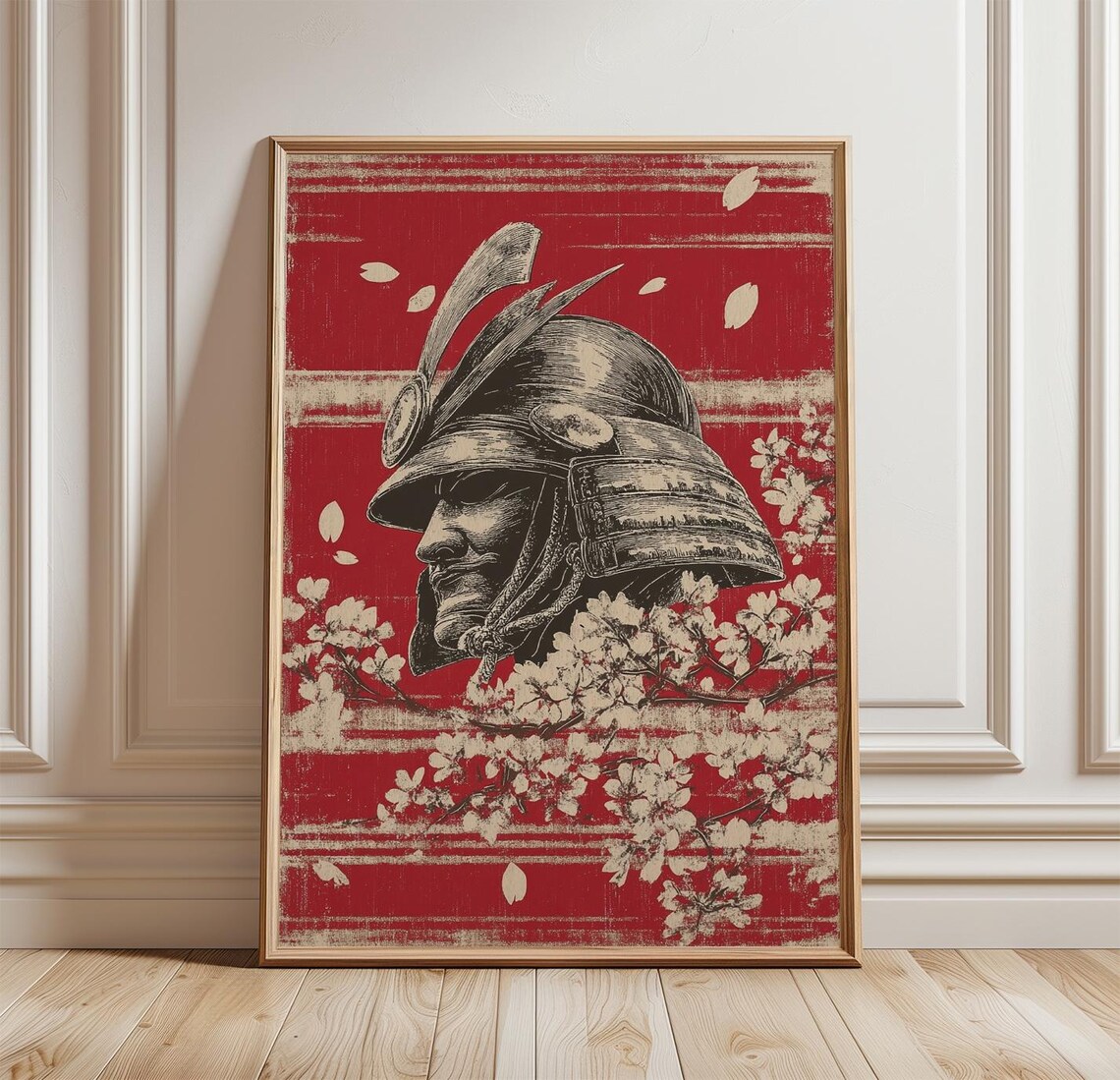Samurai Helmet Cherry Blossom Red Japanese Warrior Kabuto Illustration Poster