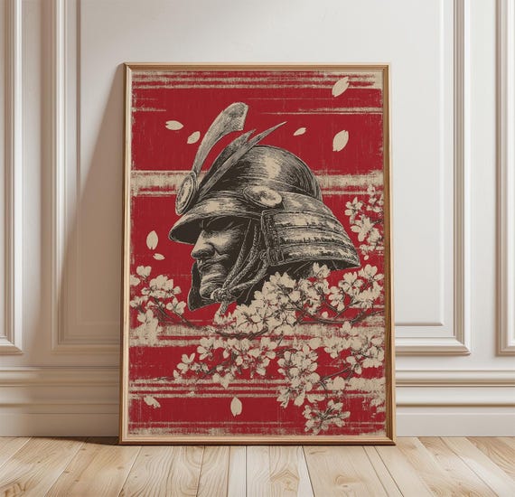 Samurai Helmet Poster Japanese Warrior Wall Art Print Cherry Blossom Decor Vintage Style Artwork