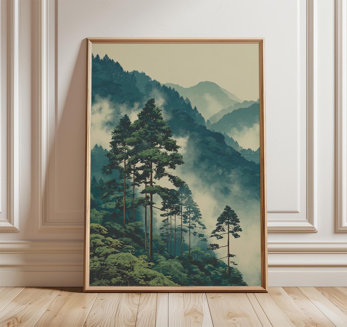 Misty Mountain Forest Poster, Japanese-Inspired Landscape