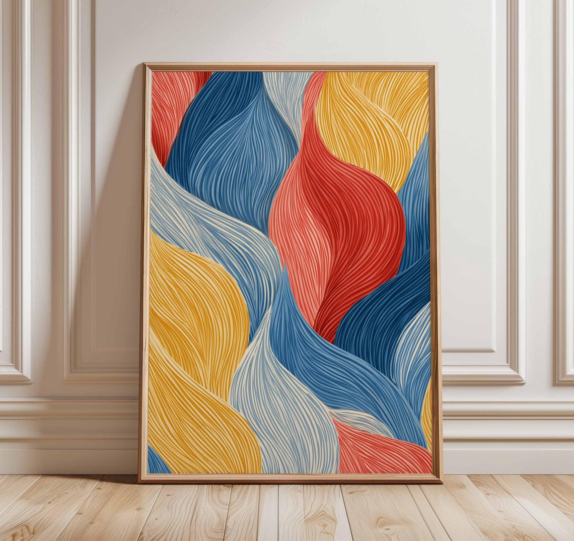 Abstract Flowing Wave Lines Red Yellow Blue Modern Graphic Art Poster