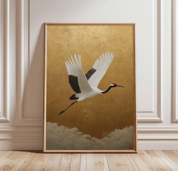 Flying Crane Poster Japanese Wall Art Red Crowned Print Gold Background Traditional Asian Bird Decor Illustration
