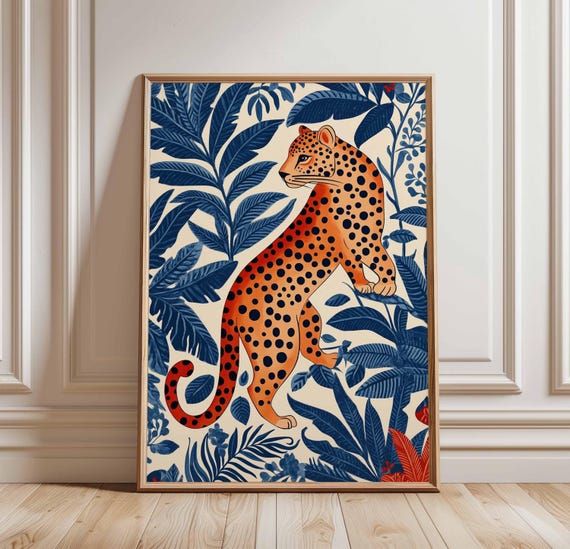 Leopard In Jungle Inspired Art Print Bold Animal Poster Stylized Wildlife Decor Vibrant Nature Wall Playful Illustration