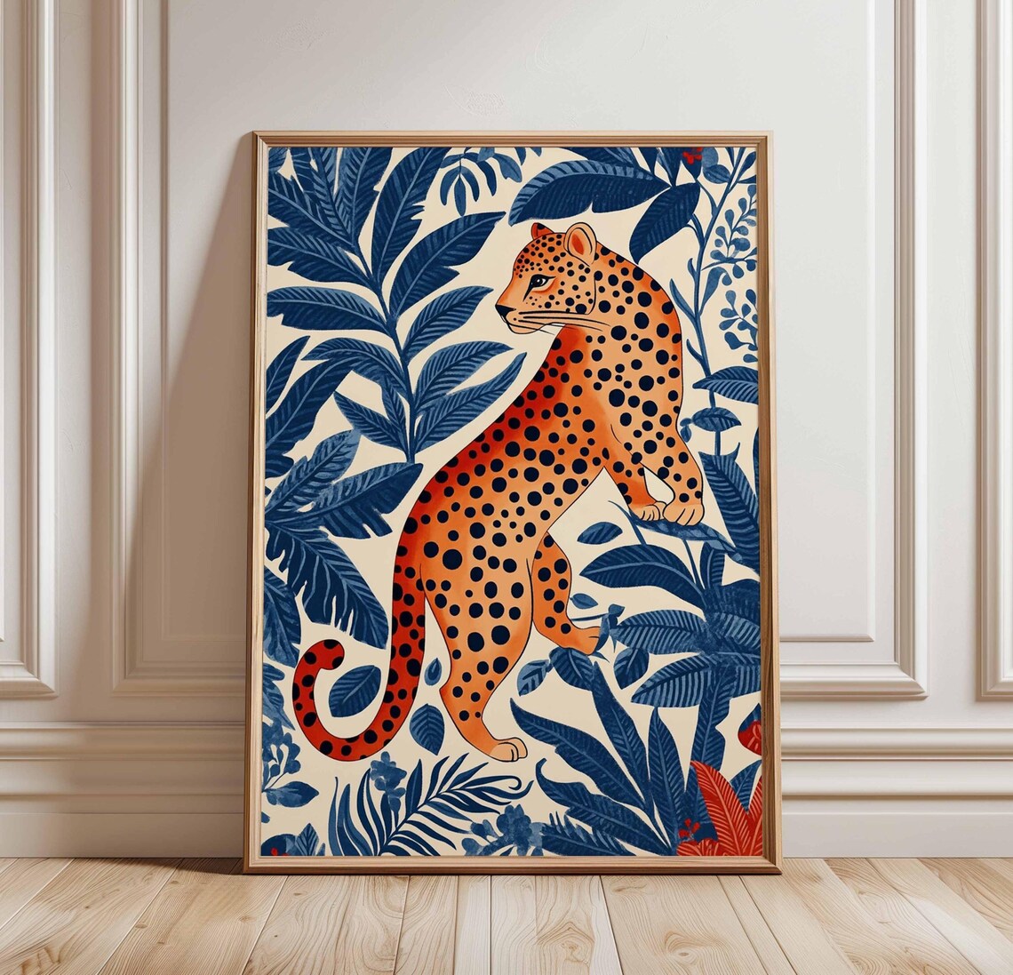 Leopard Jungle Navy Blue Leaves Stylized Folk Big Cat Illustration Poster
