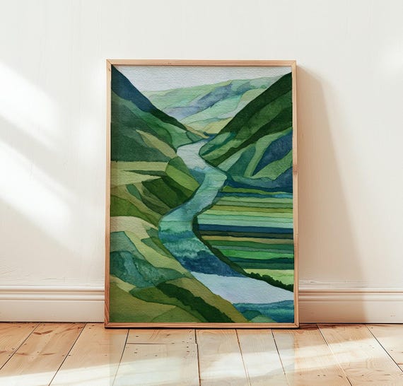 Watercolor Valley Landscape Print Green River Wall Art Nature Scenery Poster