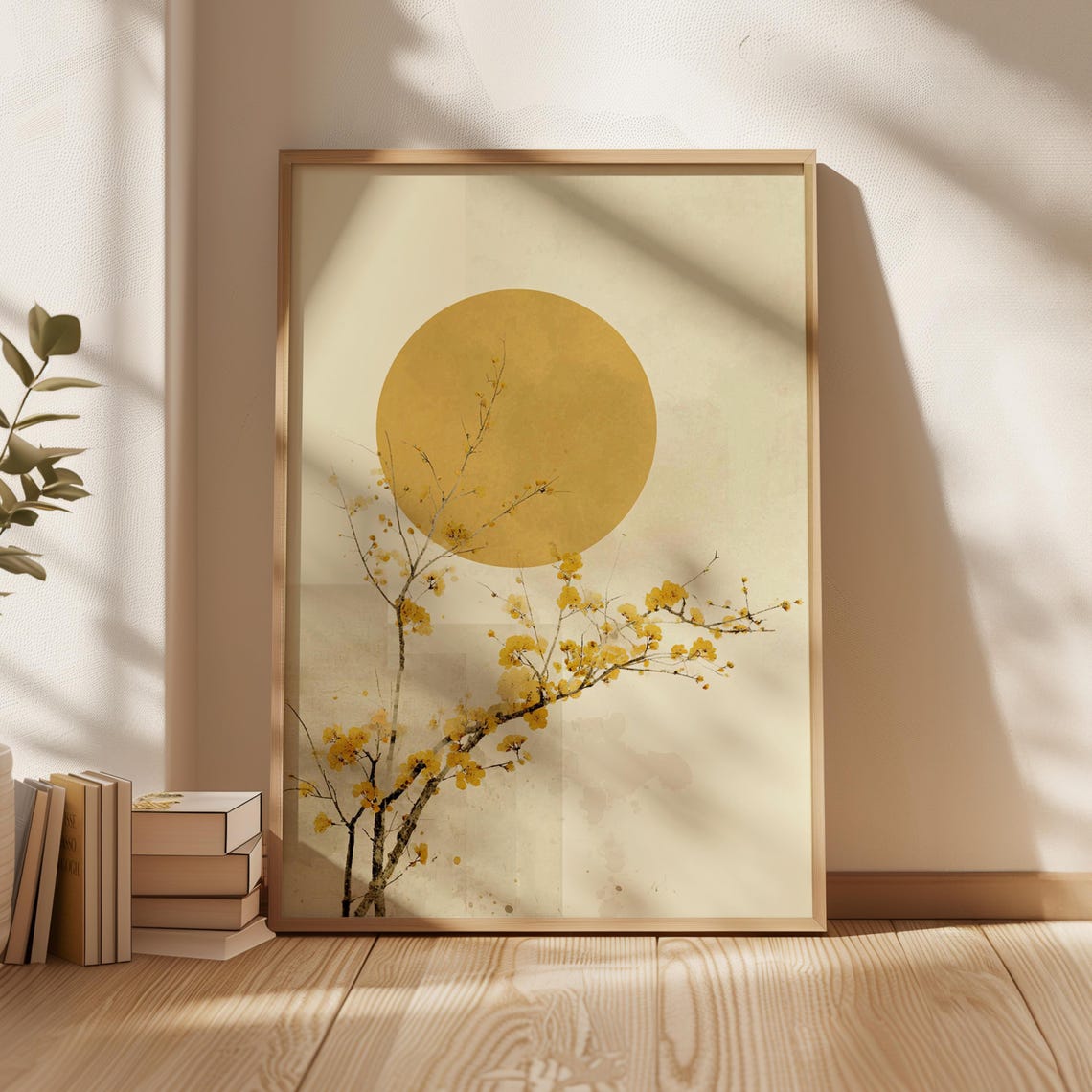 Minimalist Japanese Wall Art Yellow Sun And Blossom Poster Zen Botanical Print For Modern Home Living Room Decor - Image 3