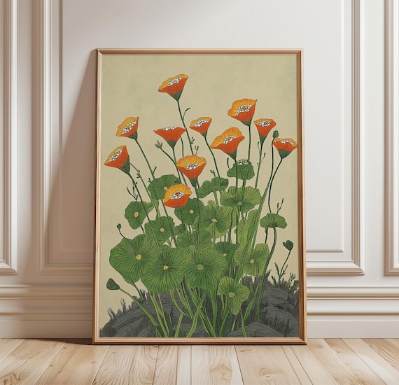 Japanese Woodblock Bright Orange Poppy Meadow Garden Floral Poster
