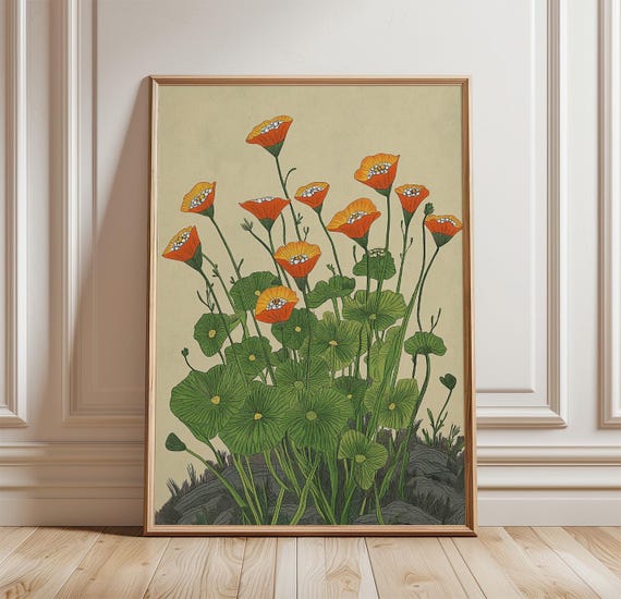 Orange Poppy Flower Poster Print Botanical Garden Wall Art Vintage Style Floral Decor