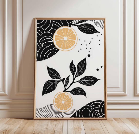 Minimalist Lemon Poster Black And Yellow Abstract Fruit Art Print Modern Botanical Wall Contemporary Nature Decor
