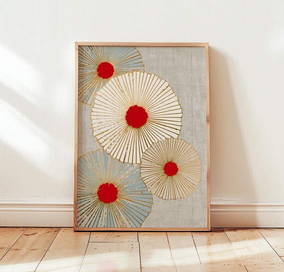 Abstract Sea Urchin Print Blue Red Coastal Wall Art Modern Poster