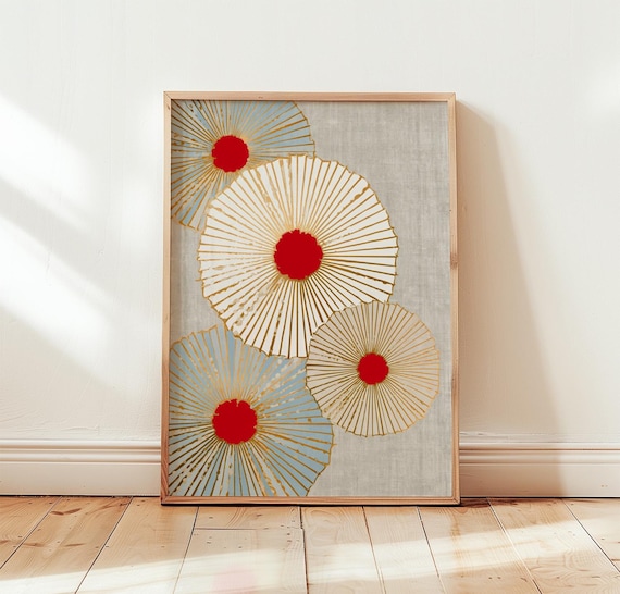 Abstract Sunburst Floral Poster Red Gold Blue Modern Bloom Circle Art