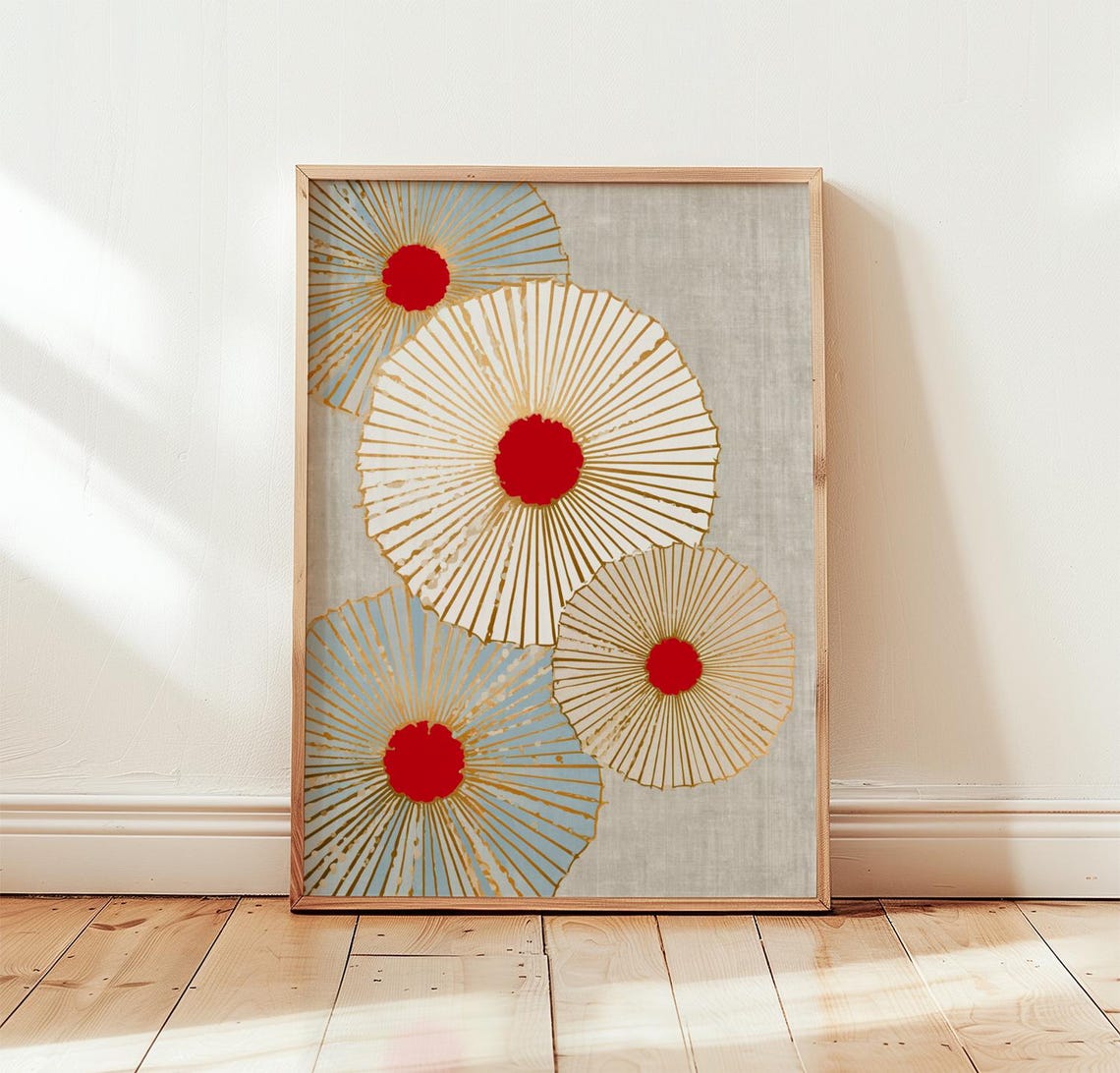 Abstract Sunburst Floral Poster Red Gold Blue Modern Bloom Circle Art