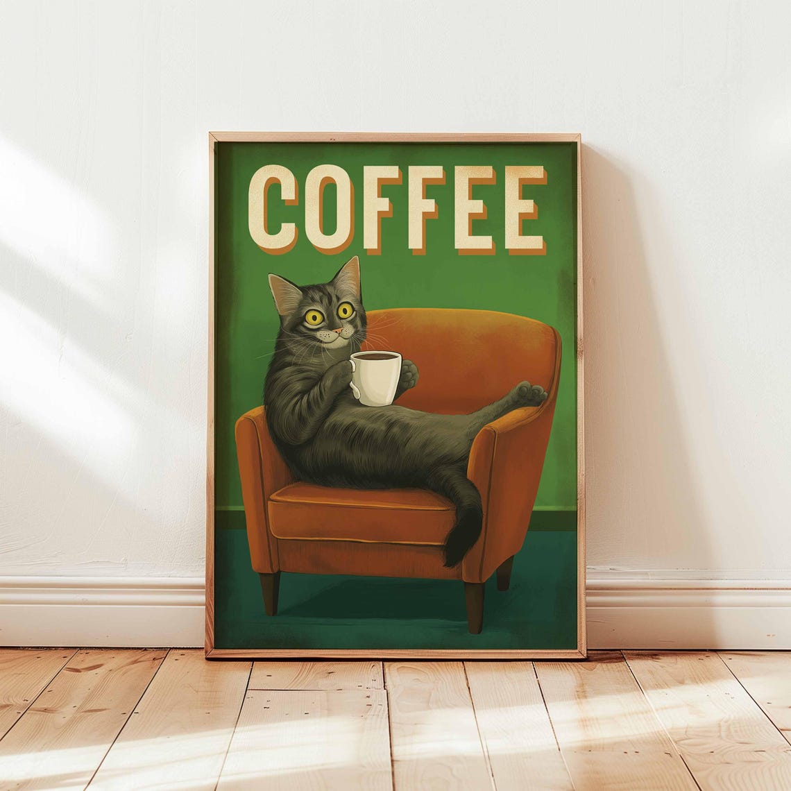 Retro Coffee Cat Armchair Vintage Kitchen Funny Feline Poster