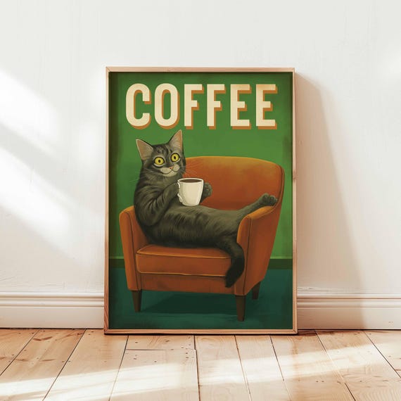 Funny Cat Coffee Poster Retro Style Wall Art Relaxed Black In Chair Print Cozy Kitchen Decor Vintageinspired Pet Unframed