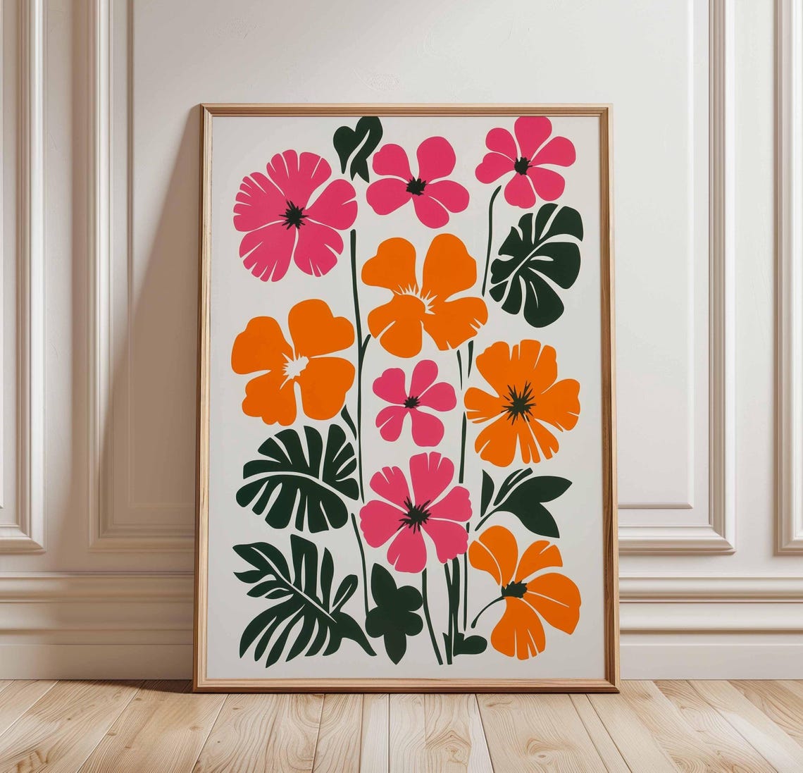 Pink and Orange Tropical Floral Abstract Bloom Monstera Wall Art