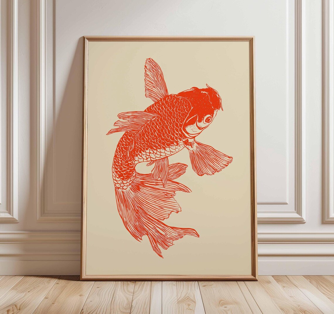 Red Koi Fish Japanese Minimalist Line Drawing Art Print