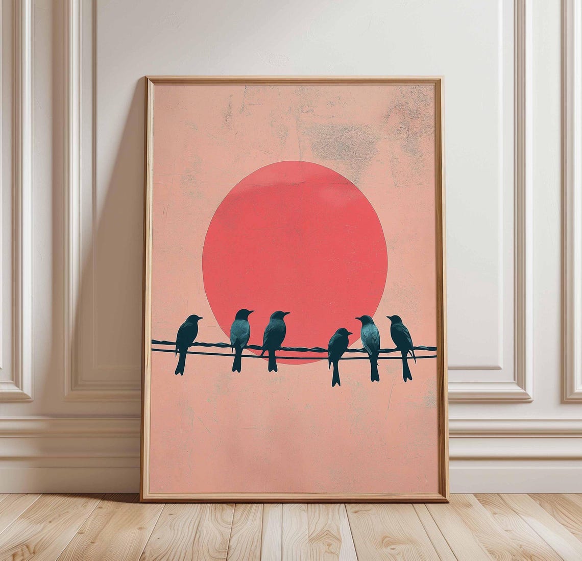 Seven Birds On Wire Red Sun Minimalist Japanese Style Art Print