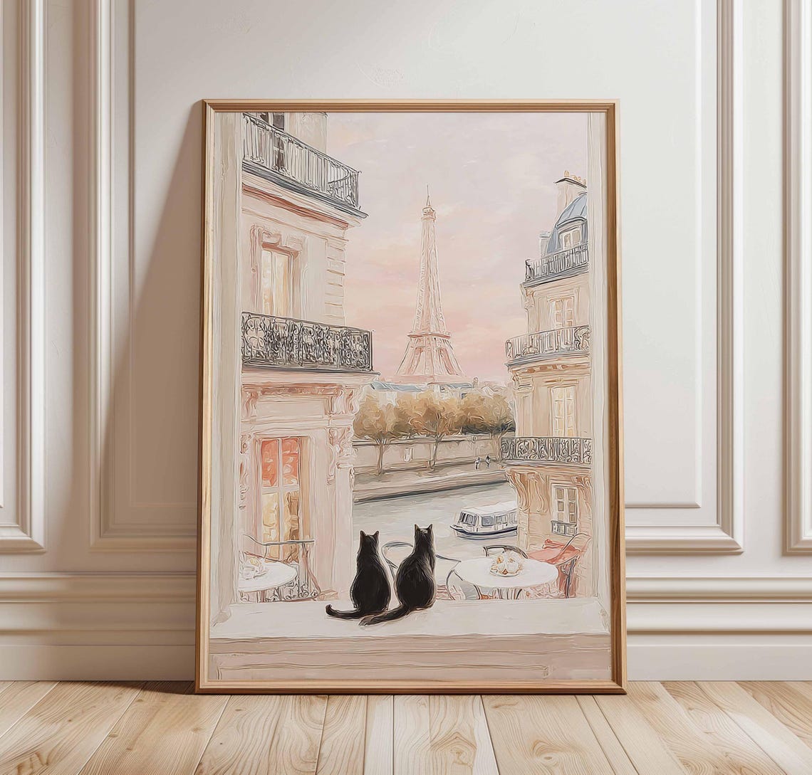 Two Black Cats on Paris Balcony Eiffel Tower View Whimsical Poster