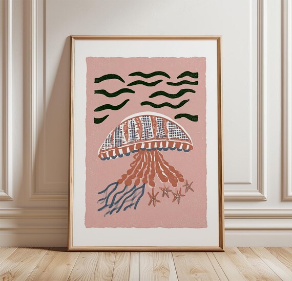 Pink Jellyfish Folk Art Screen Coastal Modern Ocean Wave Poster